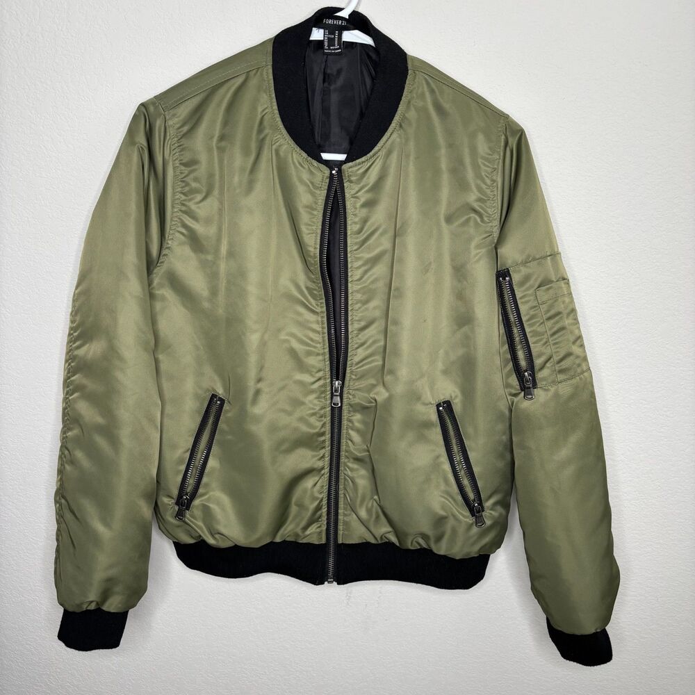 F21 Green & Black bomber Jacket M Utility Streetwear Fall Layering